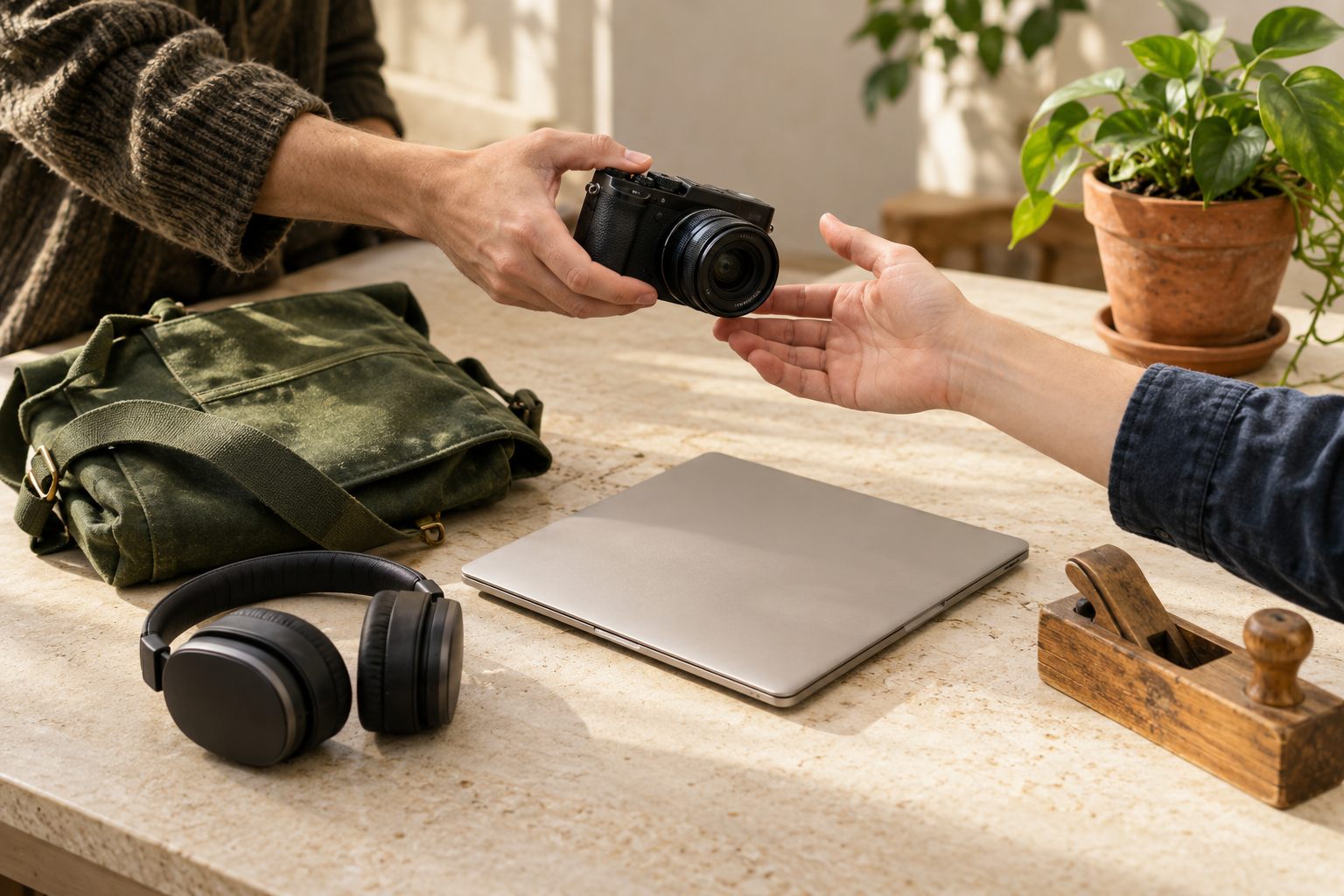 Illustration of people exchanging a camera beside everyday items